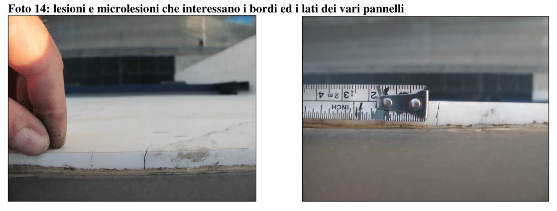 Foto 14: lesioni e microlesioni che interessano i bordi ed i lati dei vari pannelli